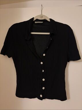 Women's Black Short-Sleeve Button Front Polo Top